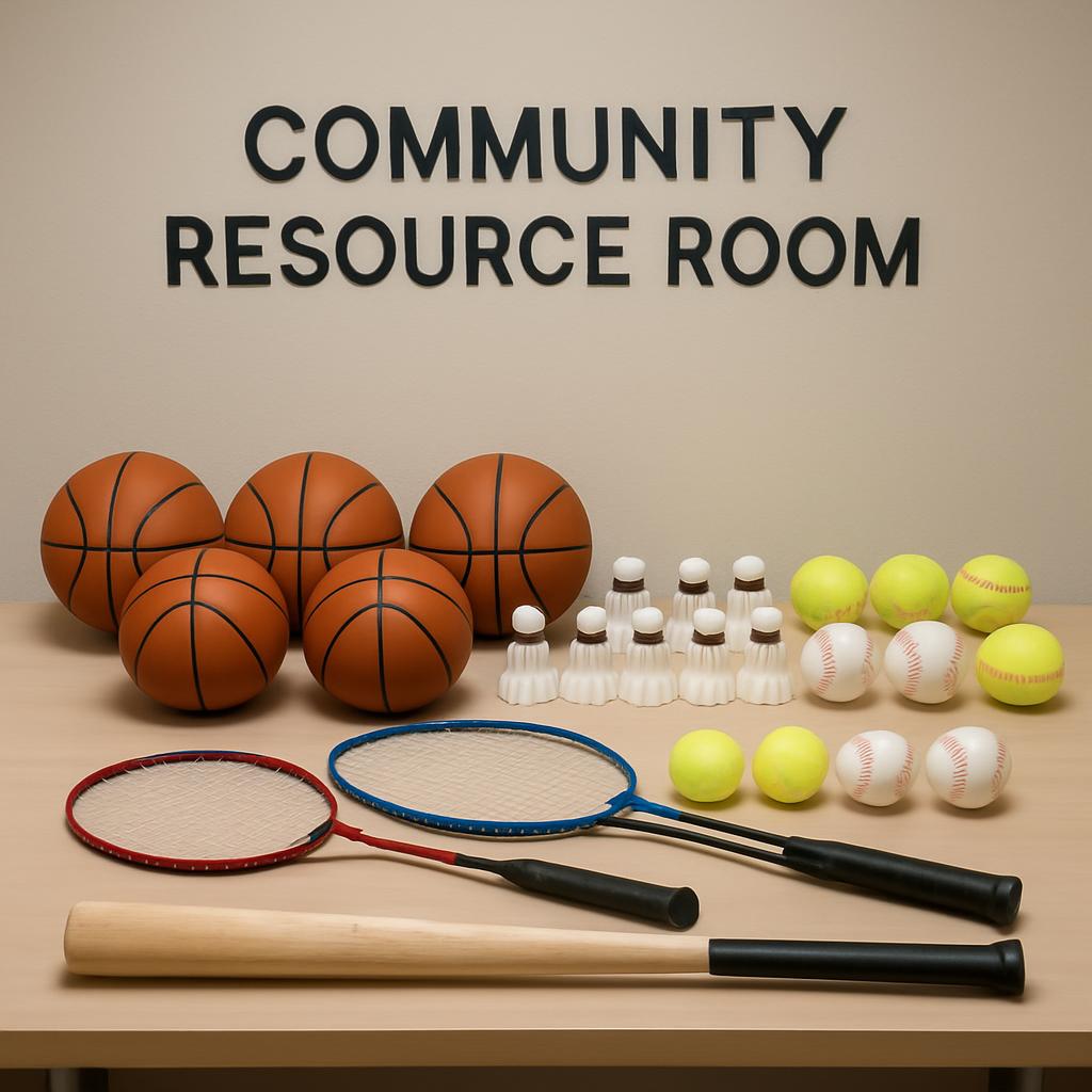 Assortment of various sports equipment commonly used indoors. Includes basketball, badminton rackets, baseball and softbal...