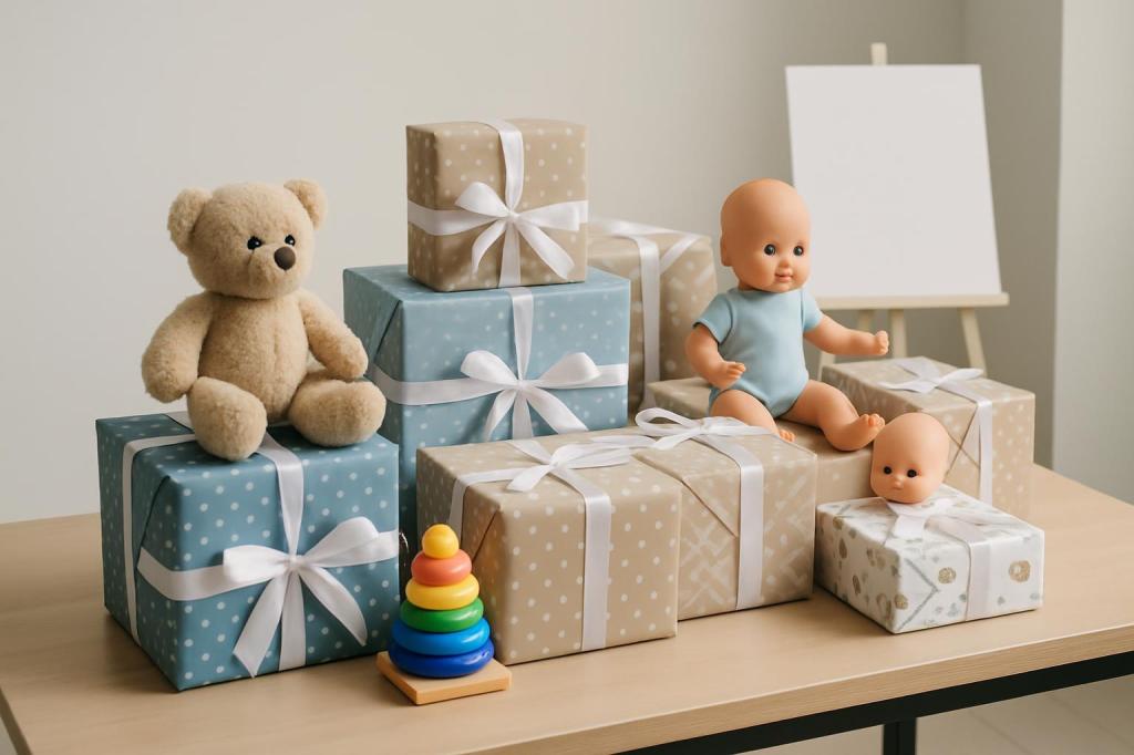 Many gifts of various shapes, sizes, and colors wrapped in polka-dotted paper. The gifts have ribbons of different colors ...