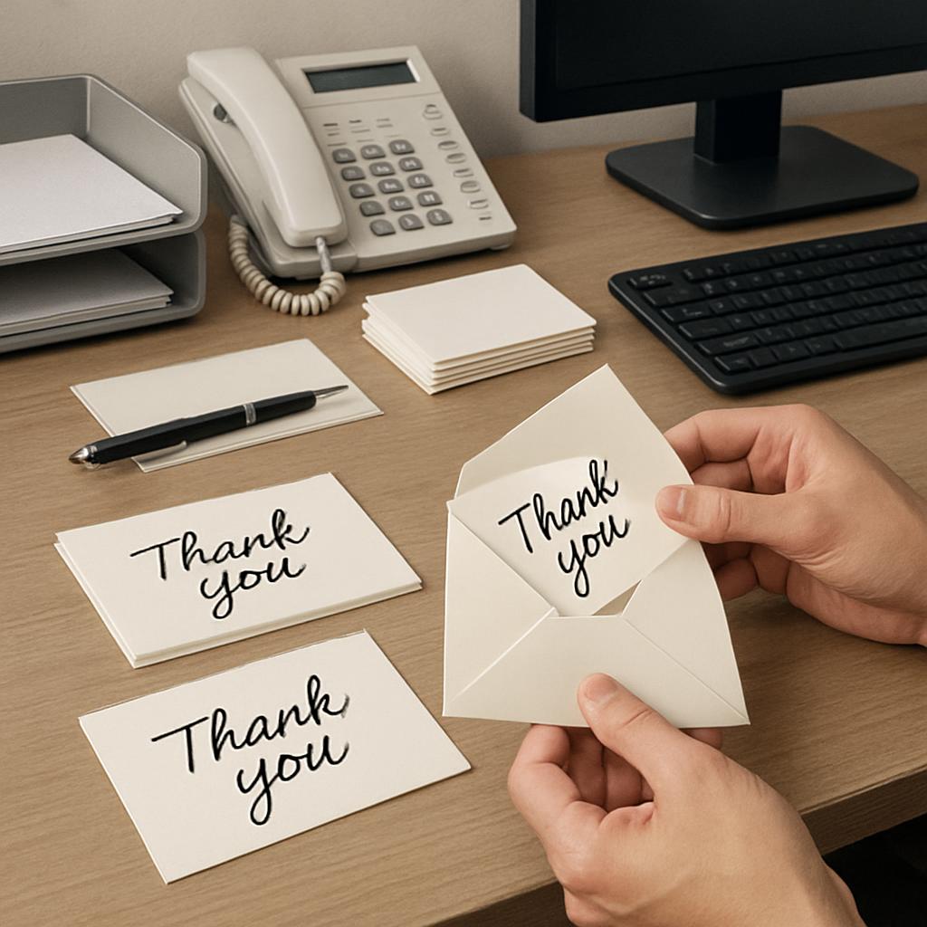 Thank you cards are being handed out on a desk in an office or workspace.
