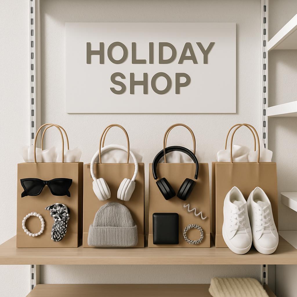 The image shows a shelf with shopping bags and accessories, likely promoting a holiday sale or event.