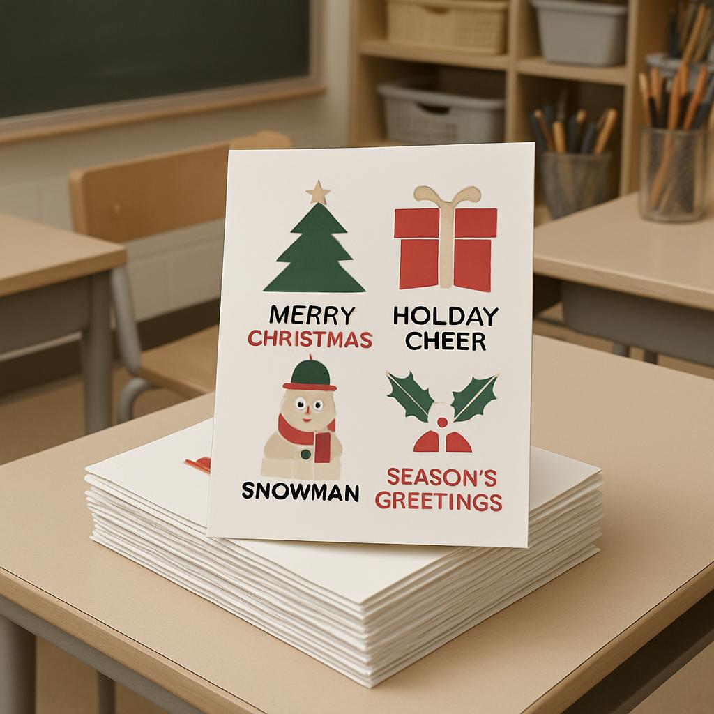 The image shows a stack of Christmas cards on a desk in a classroom, with a cubby of art supplies in the background. Merry...
