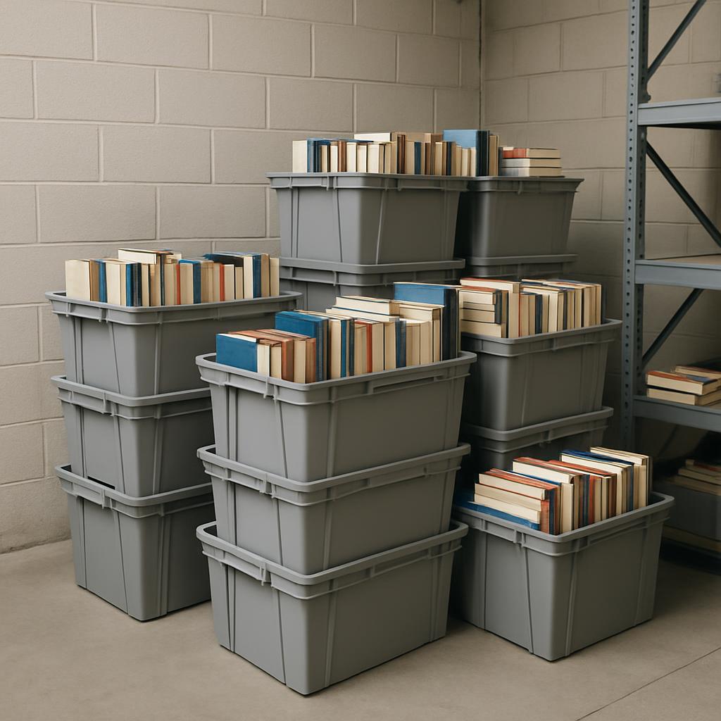 The gray storage containers filled with books placed in various sizes in storage with gray metal shelving in grey cinder b...